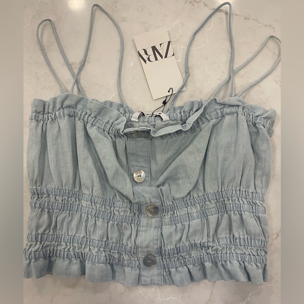 Zara Light Blue/Denim Smocked Crop Top